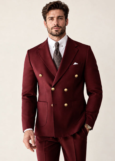 Burgundy Double Breasted Suit with Gold Buttons