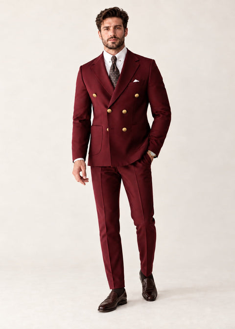 Burgundy Double Breasted Suit with Gold Buttons