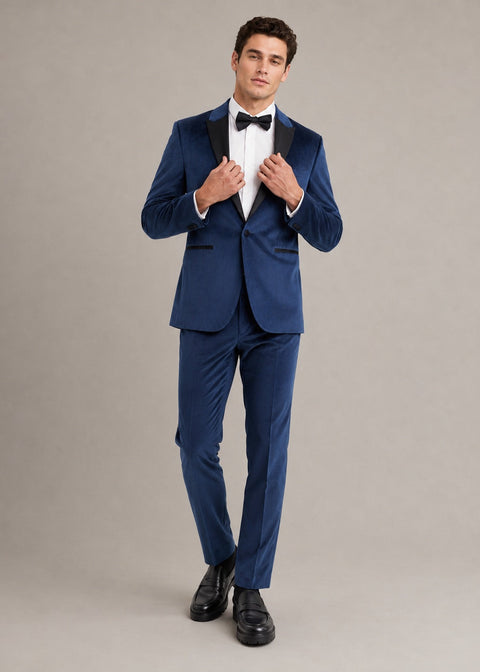 Navy Blue Velvet Tuxedo Suit with Black Satin Lapels