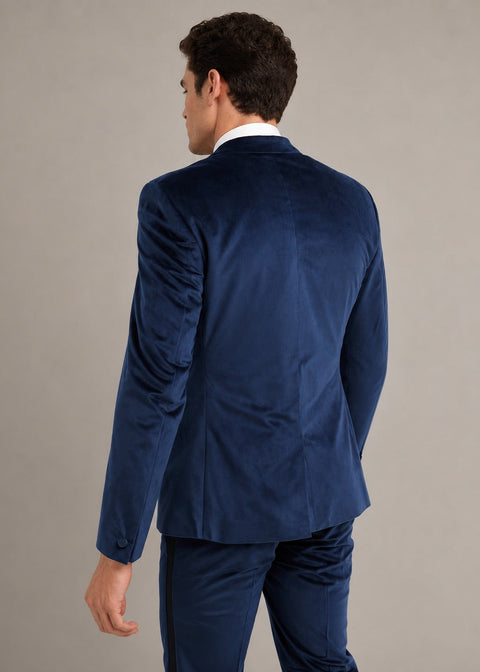 Navy Blue Velvet Tuxedo Suit with Black Satin Lapels