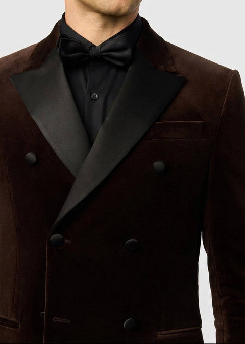 Brown Velvet Double Breasted Tuxedo Blazer