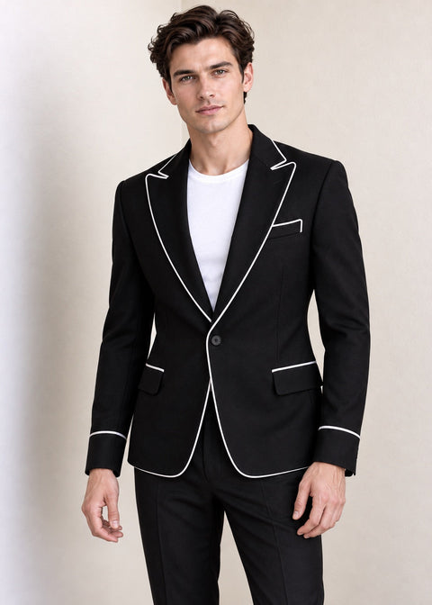 Black Slim Fit Blazer with White Contrast Piping
