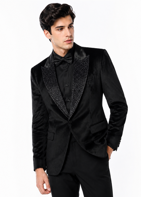 Midnight Black Velvet Tuxedo with Beaded Lapels