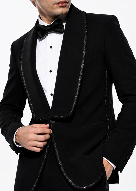 Black Shawl Lapel Contrast Embellished Tuxedo