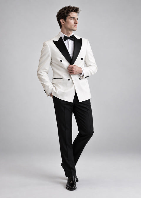 White Double Breasted Tuxedo Blazer Suit with Satin Lapel