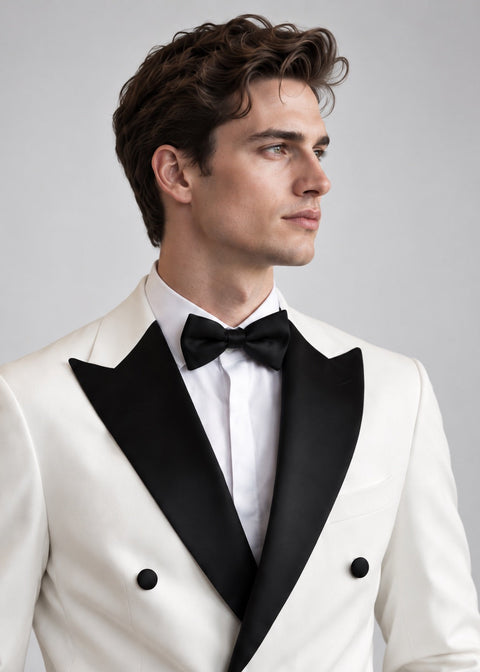 White Double Breasted Tuxedo Blazer Suit with Satin Lapel