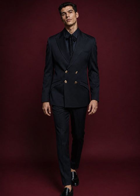 Classic Slim  Black Double Breasted Suit with  Gold Buttons