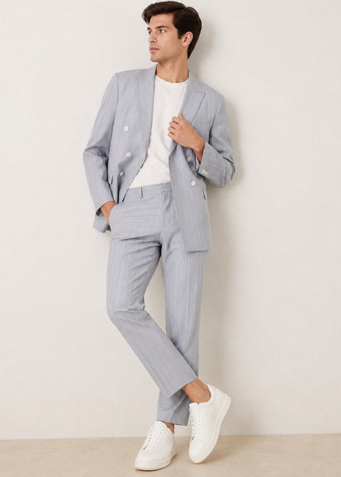 Slim Fit Light Grey Striped Double Breasted Suit