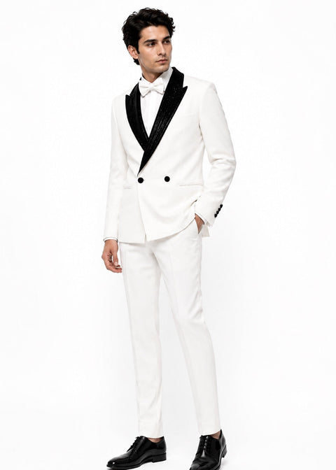 White Double Breasted Sequin Lapel Suit