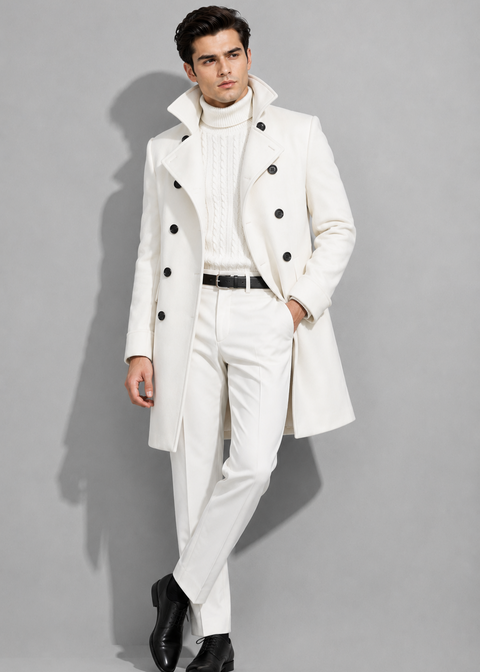 White Double Breasted Slim Overcoat