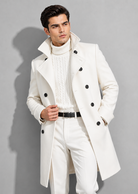 White Double Breasted Slim Overcoat