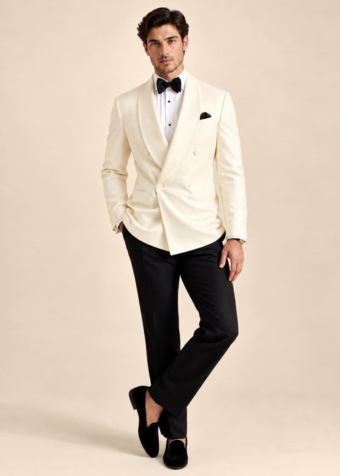 Slim Fit Cream Double Breasted Dinner Jacket