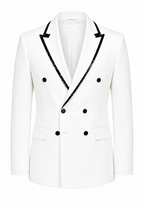 White Sequin Contrast Lapel Double Breasted Blazer