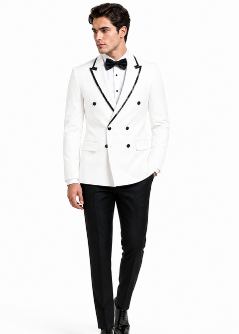White Sequin Contrast Lapel Double Breasted Blazer