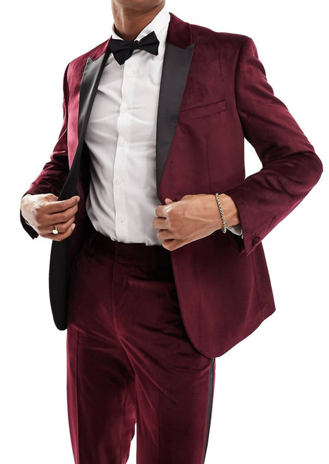 Slim Fit Burgundy Velvet Tuxedo Blazer / Suit