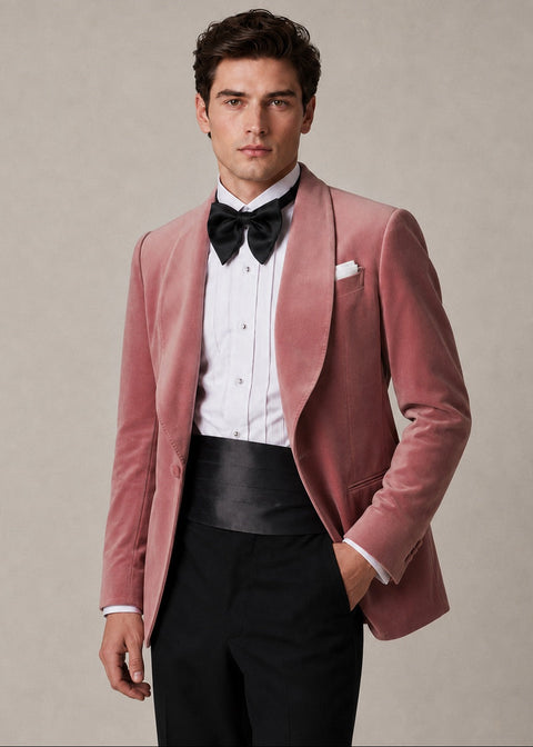 Pink Velvet Broad Shawl Lapel Tuxedo Suit