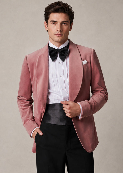 Pink Velvet Broad Shawl Lapel Tuxedo Suit