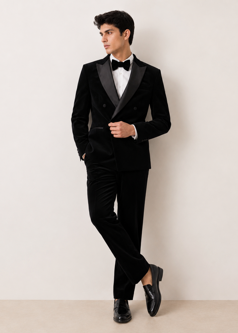 A man modeling a black double-breasted velvet tuxedo with black satin lapels, a white dress shirt, and a black bow tie, standing against a plain light beige wall.