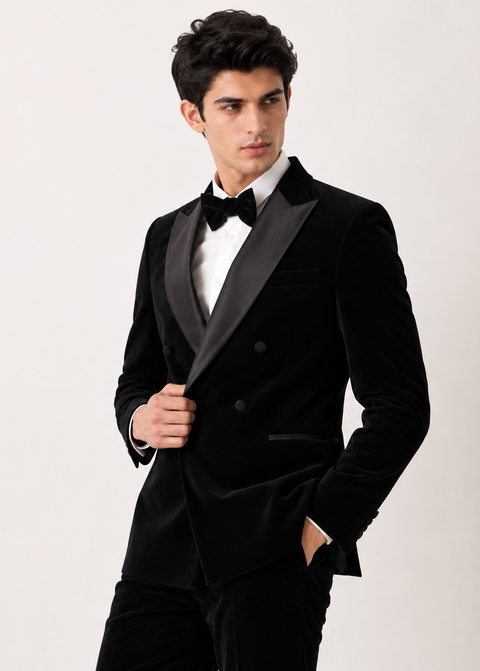 Black Velvet Double Breasted Tuxedo Jacket