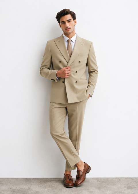 Slim Fit Tan Tailored Double Breasted Suit