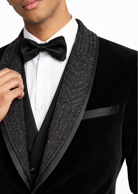Slim Fit Black Velvet Embroidered Detachable Lapel Tuxedo