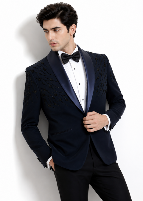 Navy Blue Cutdana Embellished Tuxedo