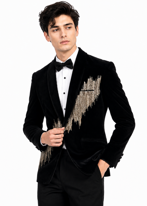 Metallic Embellished Black Velvet Tuxedo