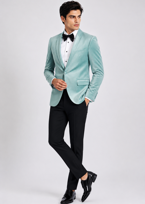 Slim Fit Light Blue Peak Lapel Velvet Blazer