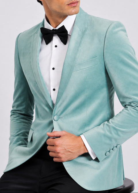 Slim Fit Light Blue Peak Lapel Velvet Blazer