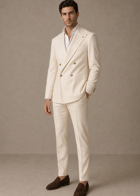 Slim Fit Cream Double Breasted Suit