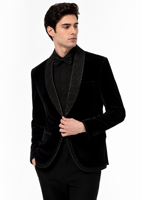 Black Velvet Cutdana Embellished Tuxedo