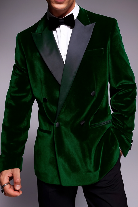 Green Velvet Peak Lapel Double Breasted Tuxedo Blazer Suit
