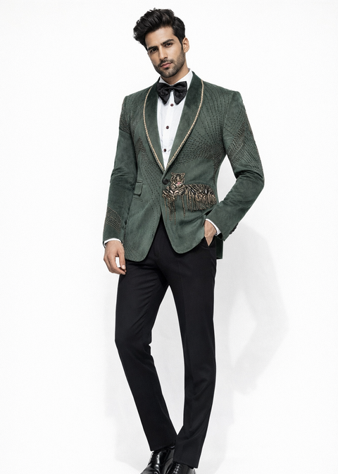 Slim Fit Olive Green Tiger Embroidered Tuxedo Suit
