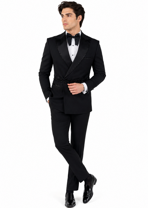 Black Embellished Double Breasted Tuxedo Suit
