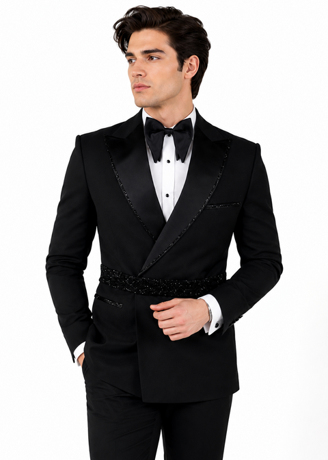Black Embellished Double Breasted Tuxedo Suit