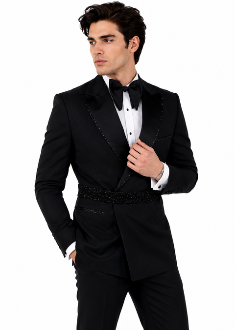 Black Embellished Double Breasted Tuxedo Suit