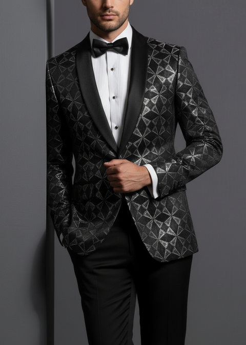 Black Geometrical Printed Velvet Tuxedo