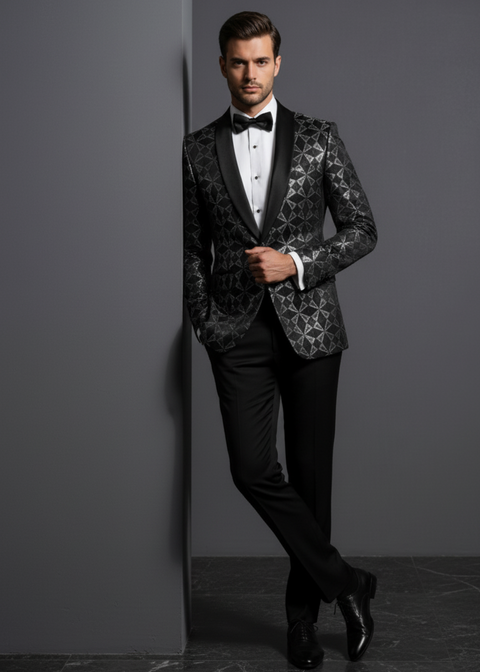 Black Geometrical Printed Velvet Tuxedo
