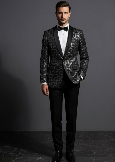 Black Geometrical Printed Velvet Tuxedo