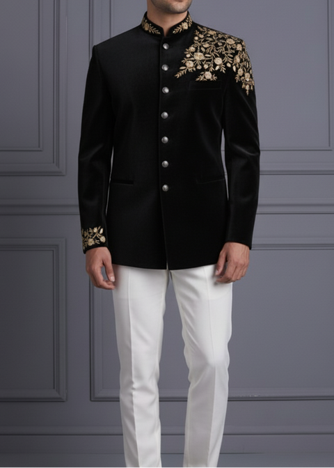Black Velvet Floral Embroidered Bandhgala in Zari Gold