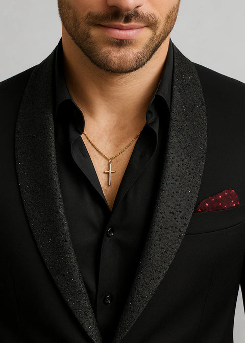 Slim Fit Black Emblished Shawl Lapel Tuxedo