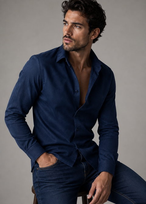 Slim Blue Suede Velvet Shirt
