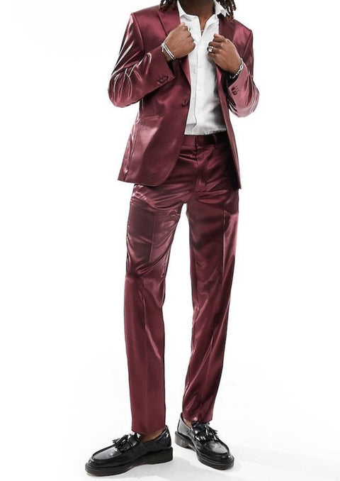 Slim Fit Burgundy Satin Suit