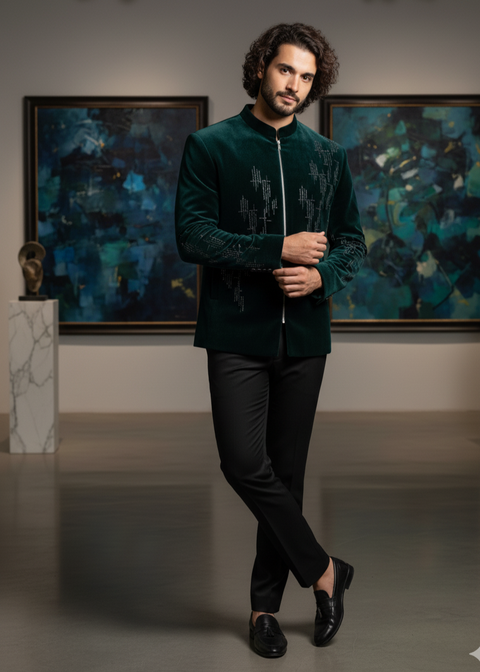 Green Velvet Geometrical Embroidered Bandhgala Suit