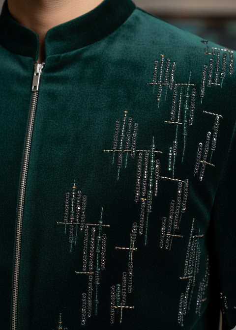 Green Velvet Geometrical Embroidered Bandhgala Suit