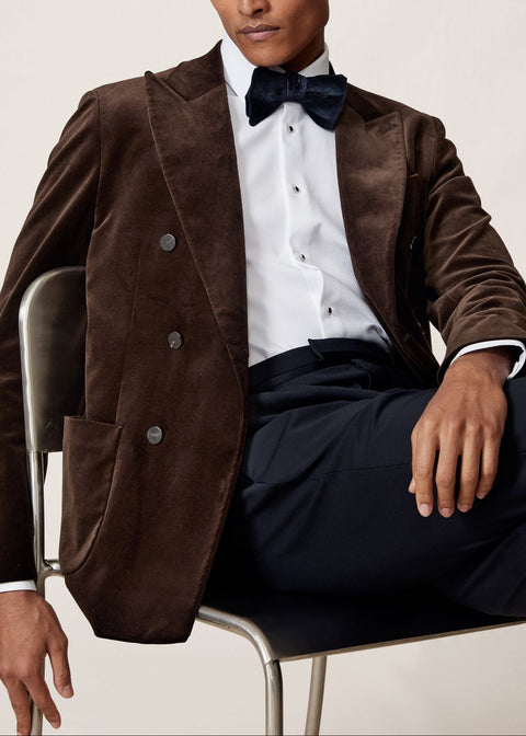 Double Breasted Velvet Blazer Tailored Fit in Chocolate Brown