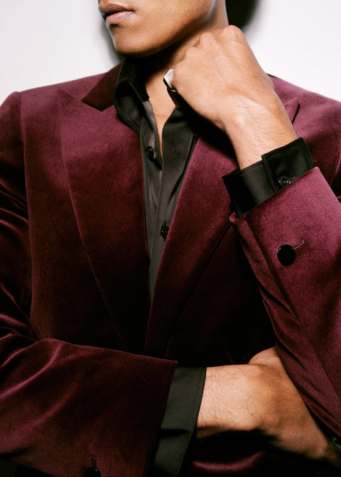 Single Breasted Velvet Blazer Tailored Fit in Burgundy