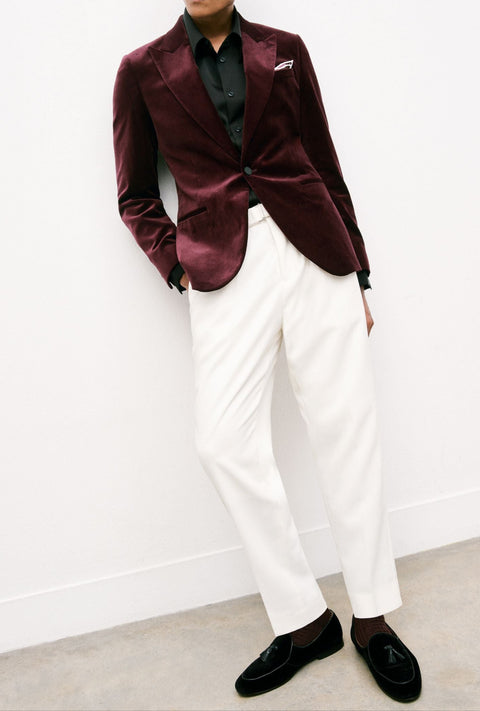 Single Breasted Velvet Blazer Tailored Fit in Burgundy