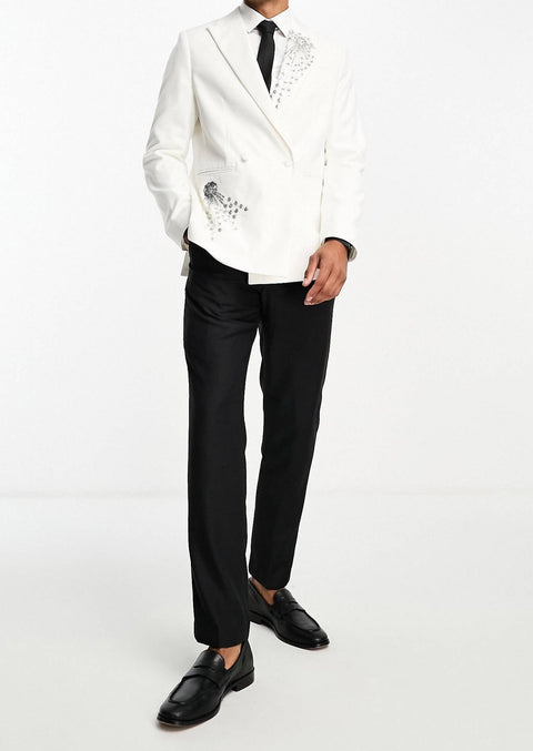 Slim Fit White Double Breasted Embroidered Blazer