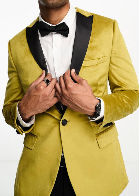 Slim Fit Velvet Tuxedo Blazer in Gold